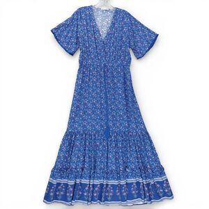 R. Vivimos Blue Floral Boho Maxi Dress L 12/14 V Neck Tiered Tassel Prairie Core